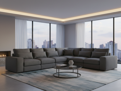 L-Shape Corner Sofa – 7 Seater, Dark Grey Fabric (Used)