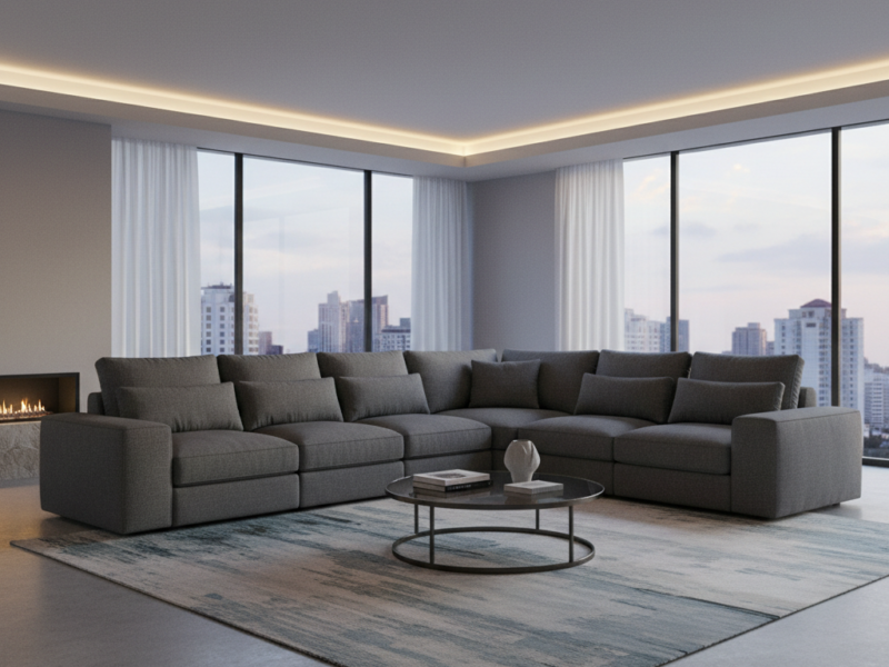 L-Shape Corner Sofa – 7 Seater, Dark Grey Fabric (Used)